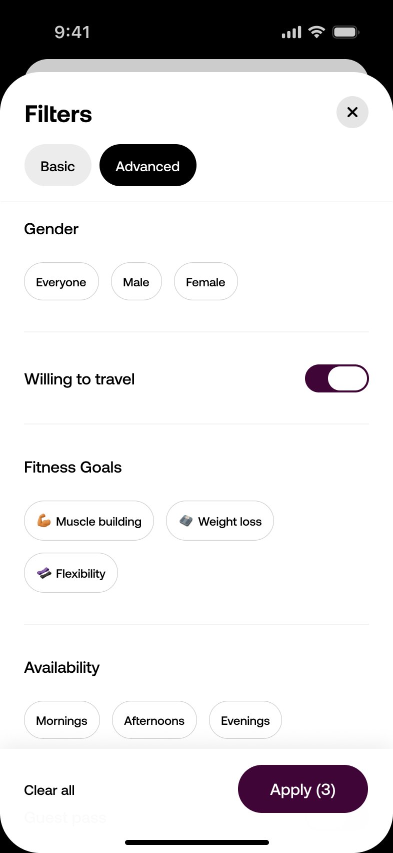 Gymduoo filters screen