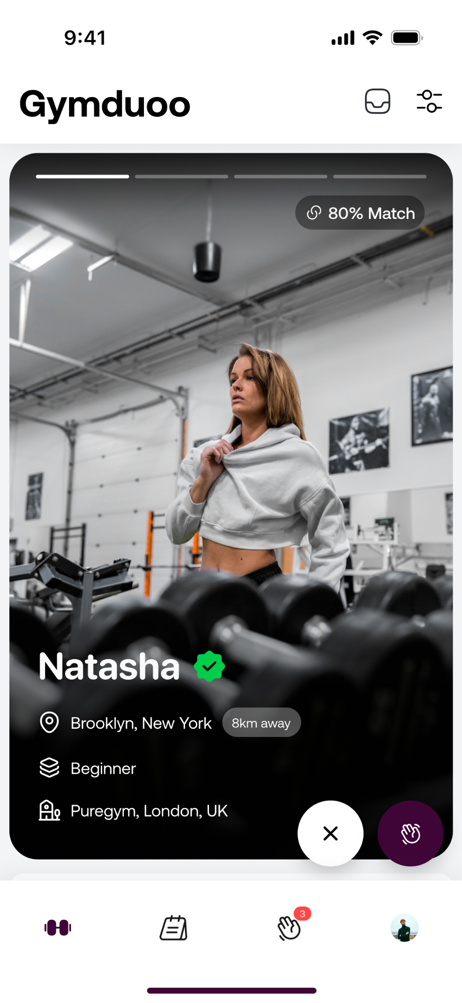 Gymduoo recommendation showing a suggested partner with an 80% match score, location and gym