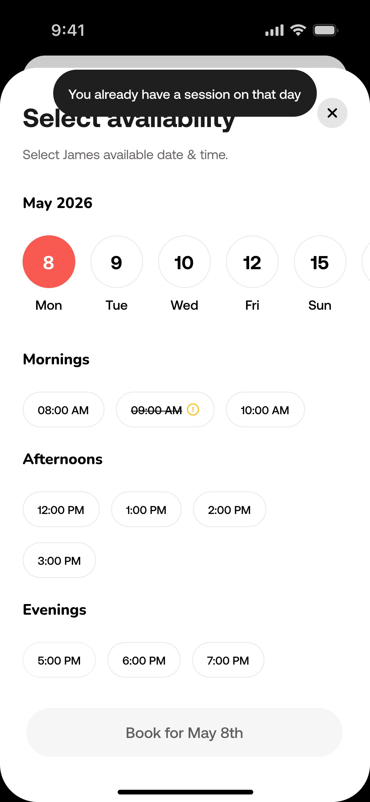 Gymduoo book a session screen