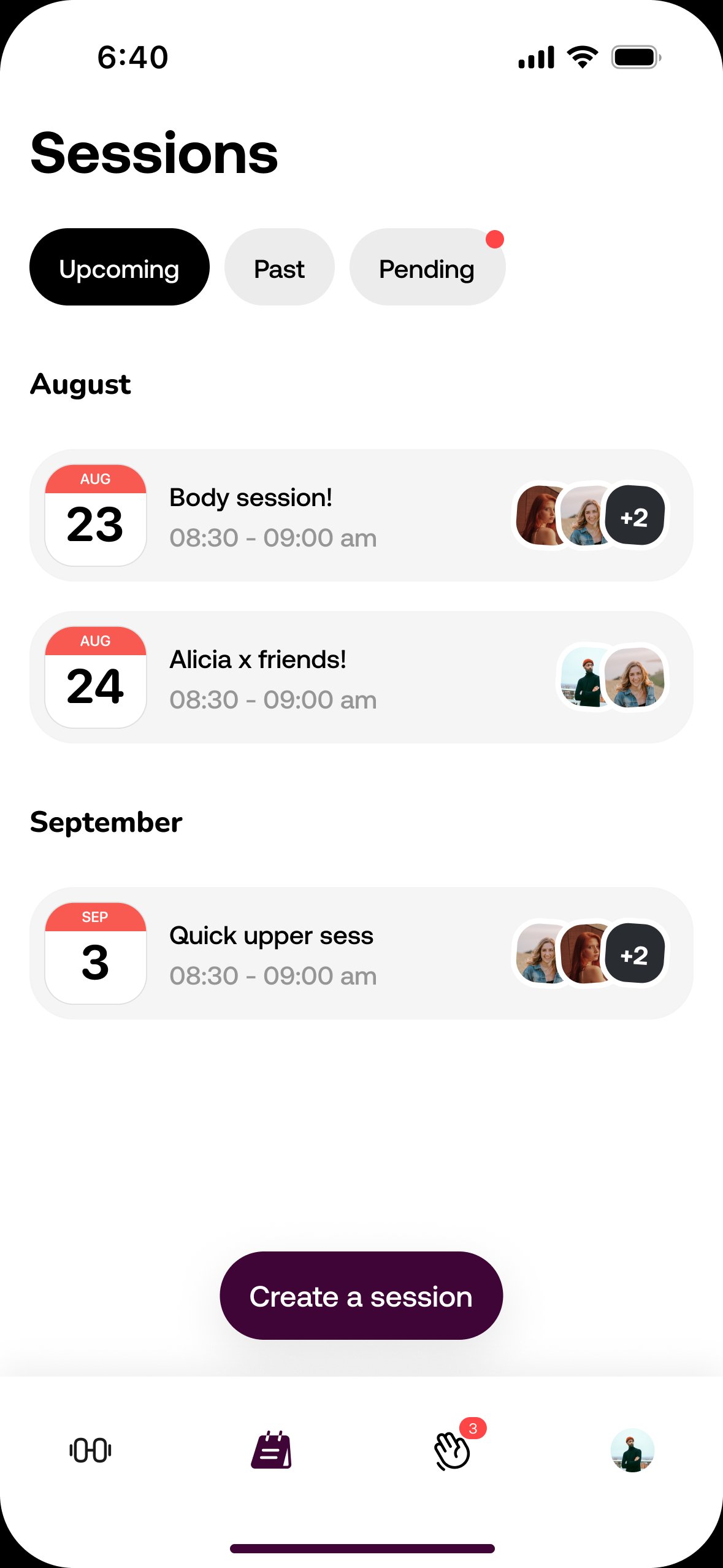 Gymduoo sessions list screen