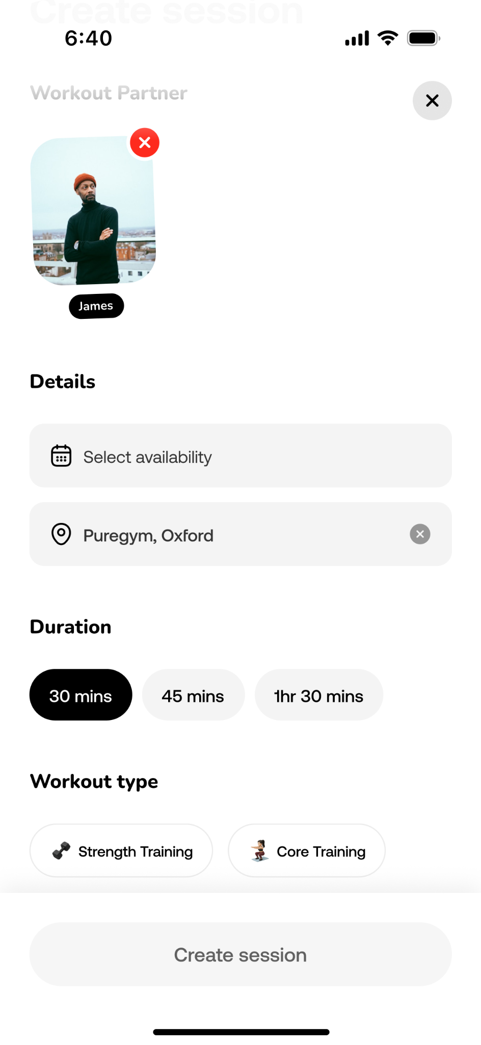 Gymduoo create a session mock screen